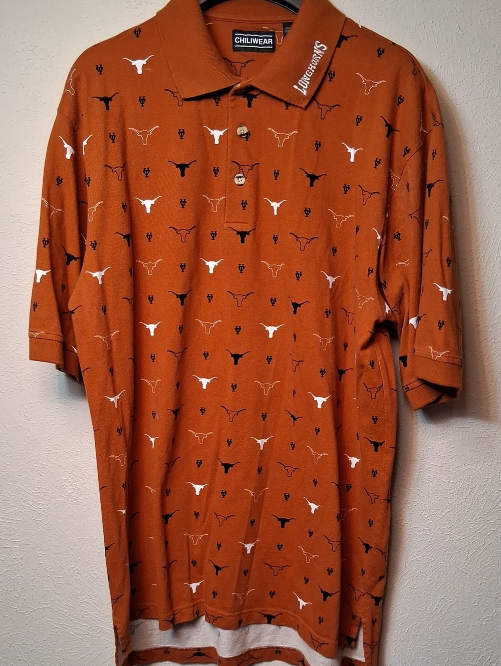 Vintage Texas Longhorns Chiliwear polo shirt, featuring a burnt orange base and